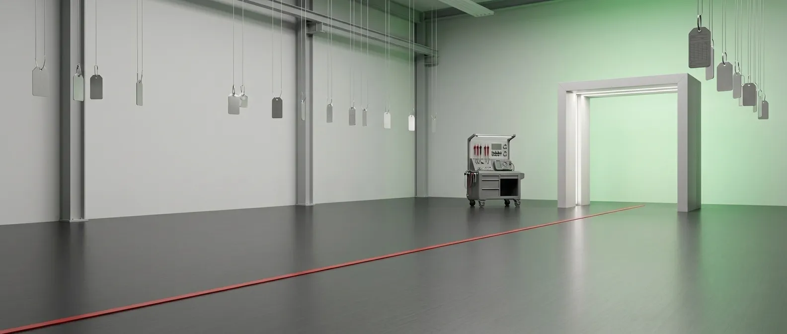 Abstrakte Abschlussvisualisierung für technische Prüfungen mit grüner Freigabezone und roter Orientierungslinie.