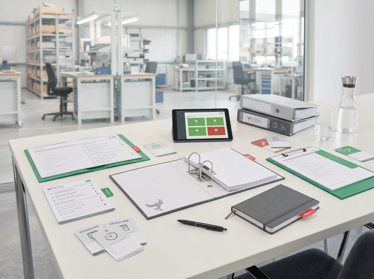 Objektbild eines Arbeitsschutz-Systems mit Dokumenten, Tablet und Statusmarkern