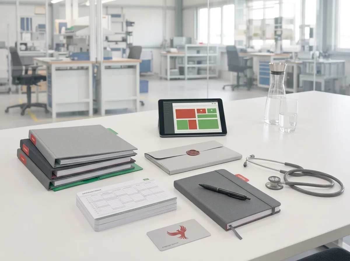Objektbild zur Koordination arbeitsmedizinischer Vorsorge mit Kalenderkarten, Akten und Tablet